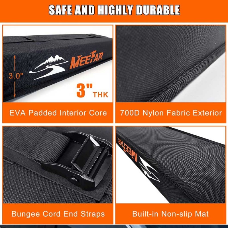 MeeFar Universal Car Soft Roof Rack Pads Luggage Carrier System for Kayak Surfboard SUP Canoe Include, 2 Tie Down Rope, 2 Quick Loop Strap