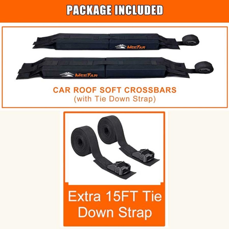 MeeFar Universal Car Soft Roof Rack Pads Luggage Carrier System for Kayak Surfboard SUP Canoe Include, 2 Tie Down Rope, 2 Quick Loop Strap