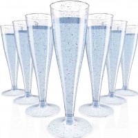 JOLLY CHEF 100 Pack Plastic Champagne Flutes Disposable 4.5 oz Blue Glitter Plastic Champagne Glasses Perfect for Wedding, Thanksgiving Day, Christmas