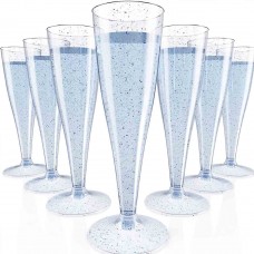 JOLLY CHEF 100 Pack Plastic Champagne Flutes Disposable 4.5 oz Blue Glitter Plastic Champagne Glasses Perfect for Wedding, Thanksgiving Day, Christmas