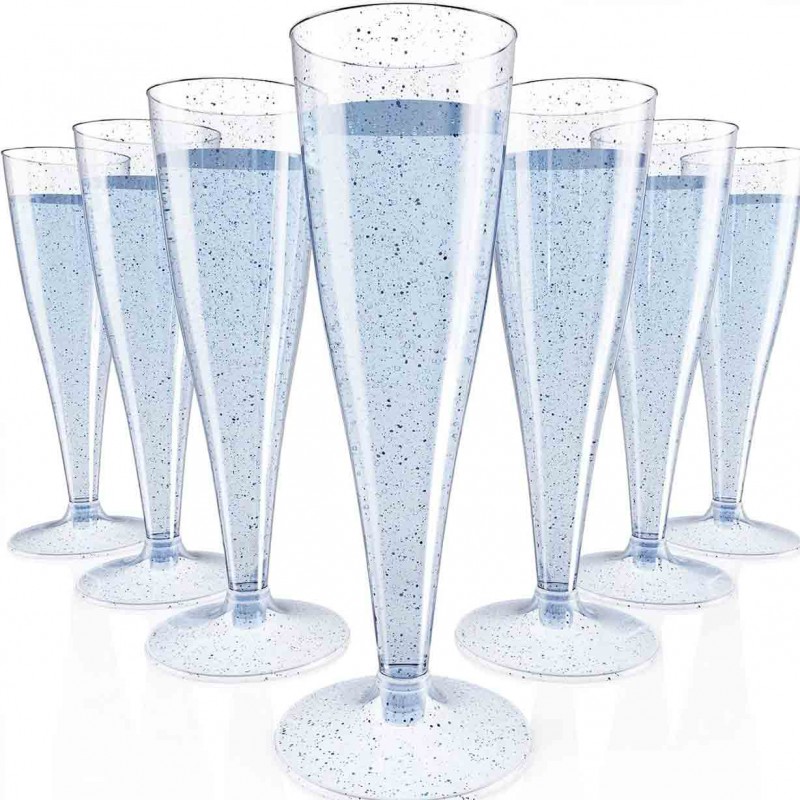 JOLLY CHEF 100 Pack Plastic Champagne Flutes Disposable 4.5 oz Blue Glitter Plastic Champagne Glasses Perfect for Wedding, Thanksgiving Day, Christmas