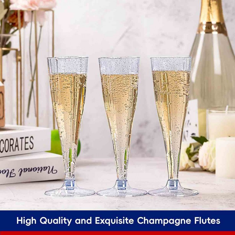 JOLLY CHEF 100 Pack Plastic Champagne Flutes Disposable 4.5 oz Blue Glitter Plastic Champagne Glasses Perfect for Wedding, Thanksgiving Day, Christmas