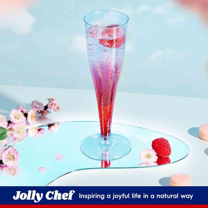 JOLLY CHEF 100 Pack Plastic Champagne Flutes Disposable 4.5 oz Blue Glitter Plastic Champagne Glasses Perfect for Wedding, Thanksgiving Day, Christmas