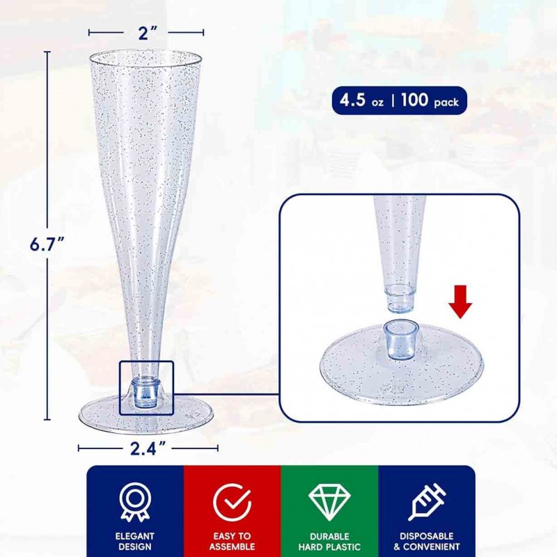 JOLLY CHEF 100 Pack Plastic Champagne Flutes Disposable 4.5 oz Blue Glitter Plastic Champagne Glasses Perfect for Wedding, Thanksgiving Day, Christmas