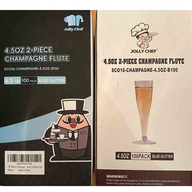 JOLLY CHEF 100 Pack Plastic Champagne Flutes Disposable 4.5 oz Blue Glitter Plastic Champagne Glasses Perfect for Wedding, Thanksgiving Day, Christmas