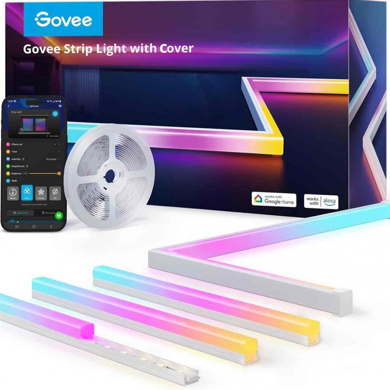 Govee RGBIC LED Strip Lights 16.4ft with Covers, Smart LED Lights Work with Alexa and Google Assistant, LED Diffuser Channel with LED Lights for Bedroom, Skirting Lines, Studio, Cabinet