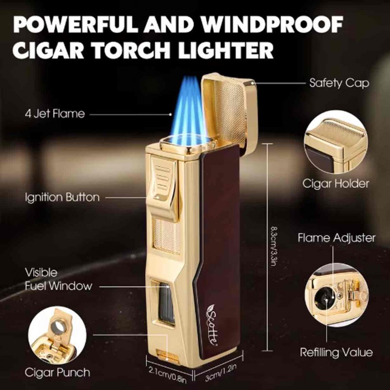 Scotte Cigar Humidor Box Cigar Lighter Cedar Wood Lined Leather Cigar Case Built in Hygrometer Humidifier with Cigar Holder Kit