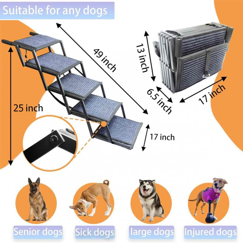Dog Ramp for Car Truck and SUV Dog Stairs for Large Dogs Folding Pet Stairs with Non-Slip Rug Surface Supports Up to 250 lbs (5 Steps)