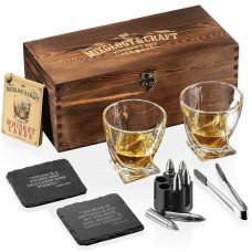 Mixology & Craft Whiskey Stones Gift Set - Pack of 6 Stainless Steel Bullet Chillers with 2, 10 oz Crystal Glasses in Distressed Wood Box - Whiskey Gifts for Men