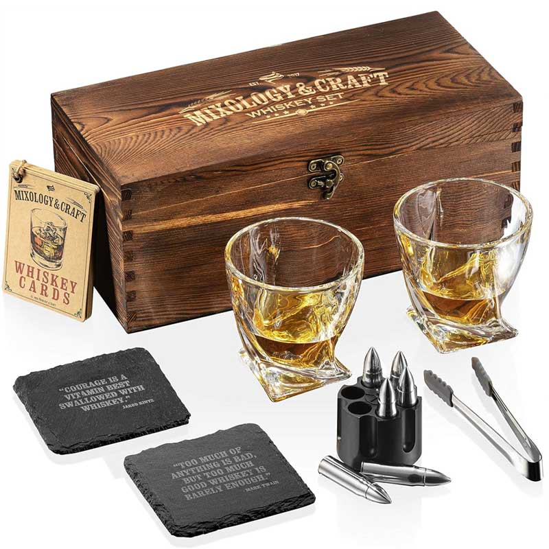 Mixology & Craft Whiskey Stones Gift Set - Pack of 6 Stainless Steel Bullet Chillers with 2, 10 oz Crystal Glasses in Distressed Wood Box - Whiskey Gifts for Men