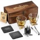 Mixology & Craft Whiskey Stones Gift Set - Pack of 6 Stainless Steel Bullet Chillers with 2, 10 oz Crystal Glasses in Distressed Wood Box - Whiskey Gifts for Men