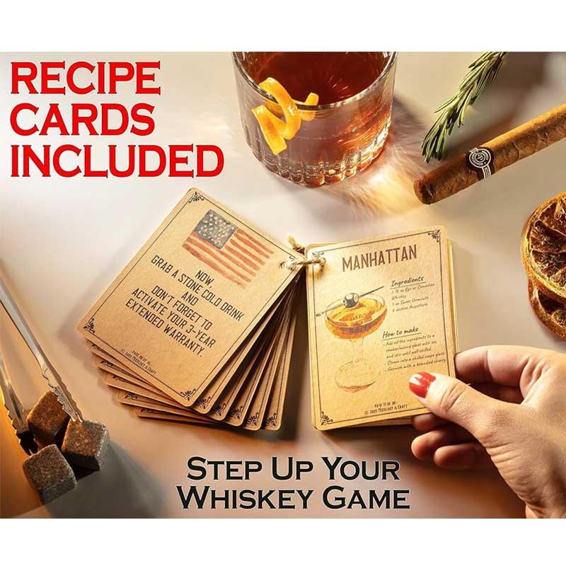 Mixology & Craft Whiskey Stones Gift Set - Pack of 6 Stainless Steel Bullet Chillers with 2, 10 oz Crystal Glasses in Distressed Wood Box - Whiskey Gifts for Men