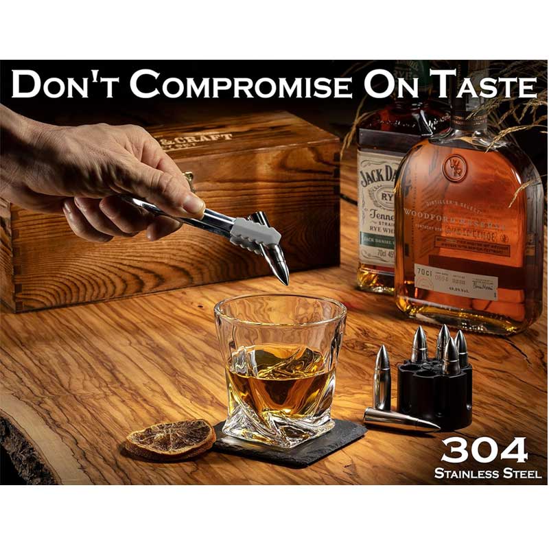 Mixology & Craft Whiskey Stones Gift Set - Pack of 6 Stainless Steel Bullet Chillers with 2, 10 oz Crystal Glasses in Distressed Wood Box - Whiskey Gifts for Men