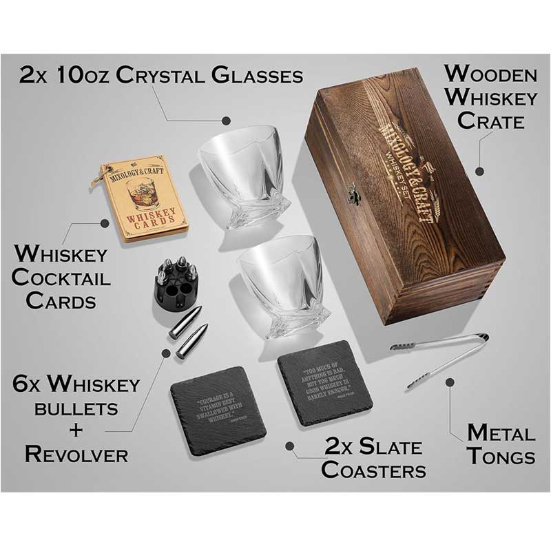 Mixology & Craft Whiskey Stones Gift Set - Pack of 6 Stainless Steel Bullet Chillers with 2, 10 oz Crystal Glasses in Distressed Wood Box - Whiskey Gifts for Men